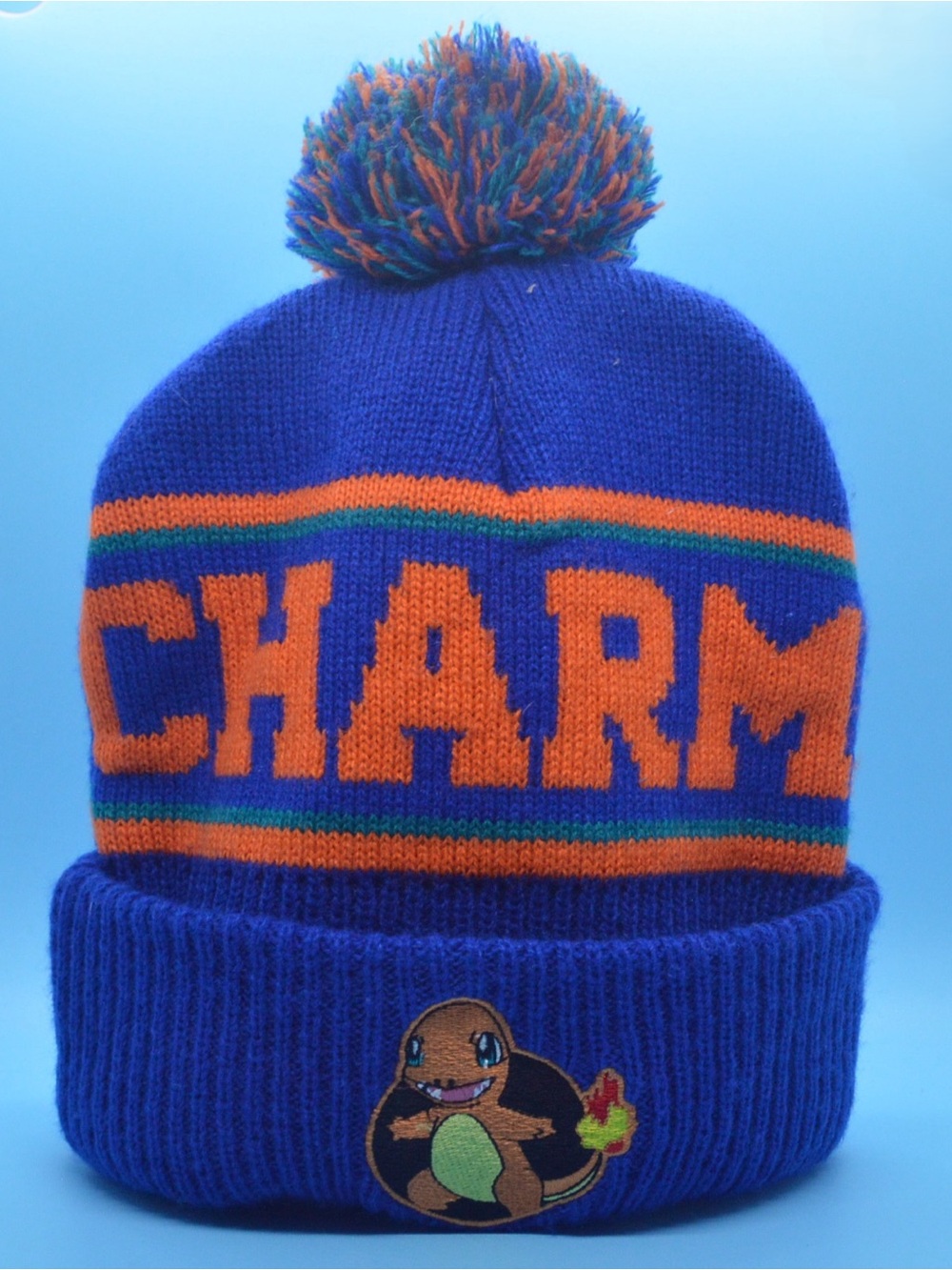 Pokémon Charmander Spellout Pom Beanie Blue Orange OS